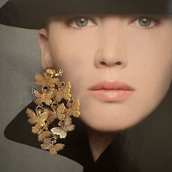 Gold Butterfly Drop Clip-On Earrings - Picture 1 of 3